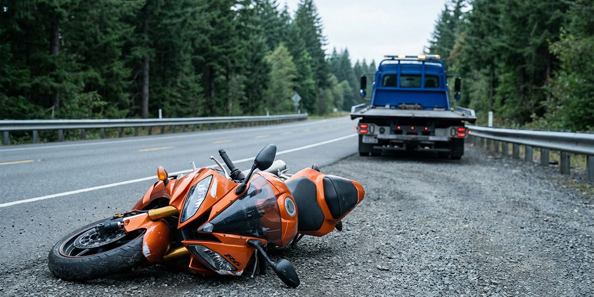 Damaged motorcycle resting on the side of a Northwest highway awaiting recovery and transport.