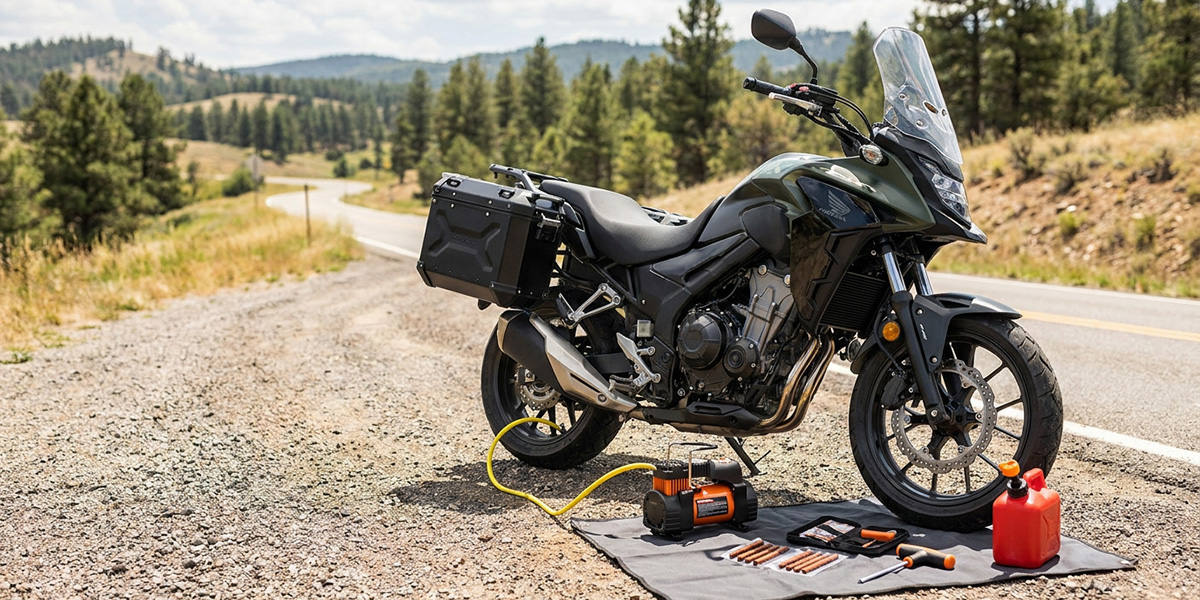 Adventure motorcycle parked on a Northwest backroad with roadside repair tools laid out for tire service.