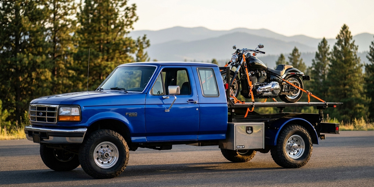Royal blue flatbed tow truck loaded with a secured motorcycle on a Northwest highway, ready for transport.